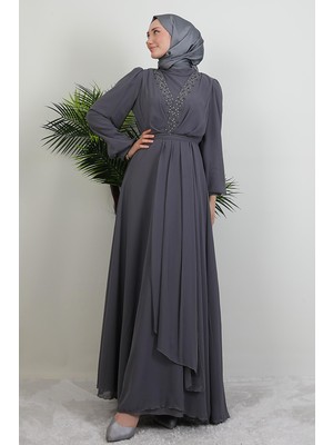 Giza Store Taşlı Çapraz Şifon Elbise Gri