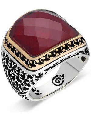 Gümüş Yakut Renk Kırmızı Taşlı Erkek Yüzük - 20