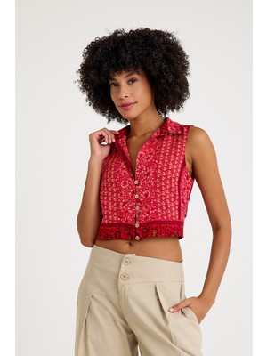 Gömlek Yaka Düğme Detaylı Crop Bluz