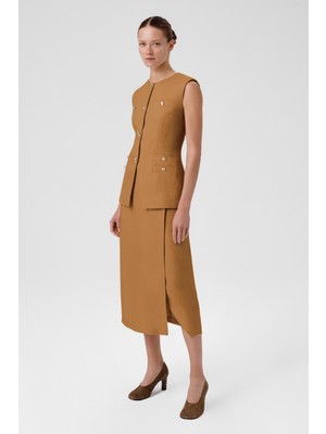 Camel Gold Düğmeli Cep Detaylı Kadın Yelek