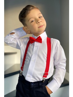 Entel Erkek Çocuk Beyaz Gömlek Kırmızı Askı Papyon Takım Uzun Kollu Trend Modern Fit