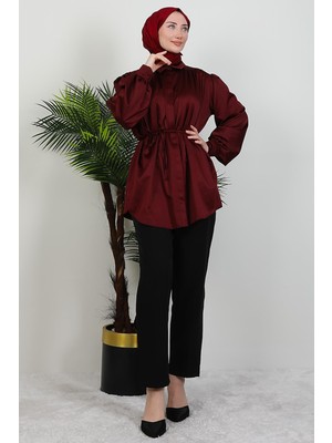 Giza Store Gizli Düğmeli Saten Gömlek Bordo