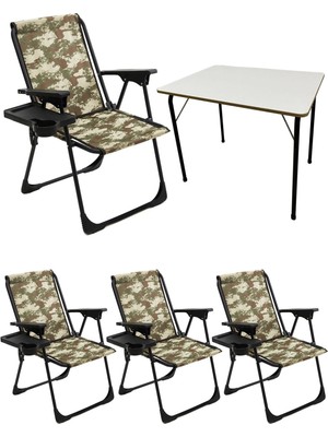 Teknotrust 4'lü Kamp Sandalyesi ve Katlanabilir Mdf Masa Seti, Kamuflaj Desenli