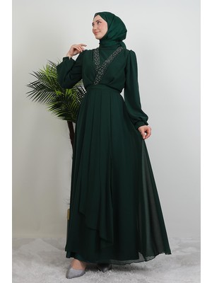 Giza Store Taşlı Çapraz Şifon Elbise Zümrüt