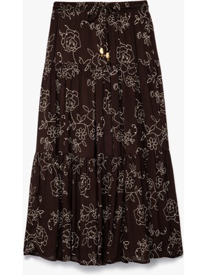 Koton Viskon Krinkle Kumaş Rahat Kalıp Beli Lastikli Katlı Midi Çiçekli Kloş Etek