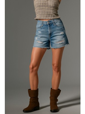 Kadın Mini Jean Şort, Yüksek Bel, Fermuarlı, 5 Cep %100 Pamuk  Denim Kot @potenza