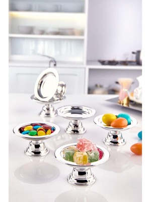 6'lı Dekoratif Gümüş Kaplama Ayaklı Makaronluk Kahve Yanı Sunumluk Lokumluk -Drajelik