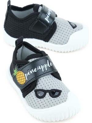 Gezer Yazlık Erkek Bebek Cırtlı Keten Ayakkabı Gri Renk Yıkanabilir Konforlu Tasarım