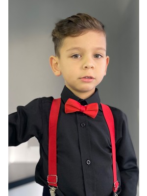 Entel Erkek Çocuk Siyah Gömlek Kırmızı Askı Papyon Takım