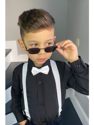 Entel Erkek Çocuk Siyah Gömlek Beyaz Askı Papyon Takım Uzun Kol Modern Fit Trend