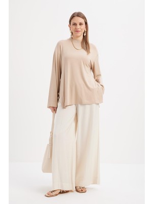 Ekru-Beli Lastikli Geniş Paça Pantolon