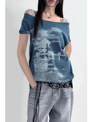 Indigo Vintage Lost Omuz Dekolteli Kısa Kol T-Shirt