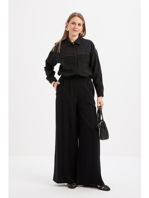 Siyah-Beli Lastikli Geniş Paça Pantolon