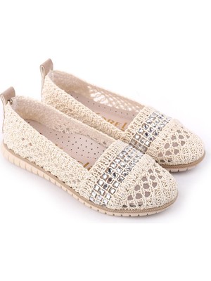 Papuç Sepeti 4756 Kadın Dantel Örme Günlük Taşlı Babet Ayakkabı