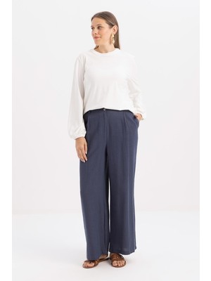 Indigo-Pileli Geniş Paça Keten Pantolon