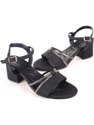 Papuç Sepeti 411 Kadın Taş Detaylı 6 cm Topuklu Sandalet Ayakkabı