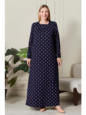 FERACE Kadın Büyük Beden Kare Yaka Elbise Lacivert Çiçekli Viskon Kumaş Uzun Kol A-Line Rahat Kesim
