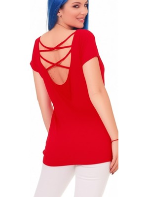 Sırtı Çapraz Detaylı Kısa Kollu V Yaka Bluz