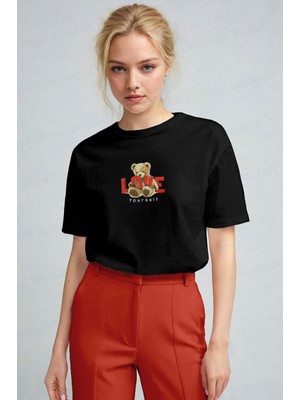 Kadın Siyah Love Ayıcık Teddy Bear Baskı Regular Fit Normal Kalıp T-Shirt