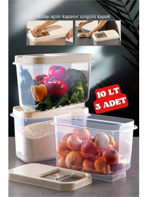 3'lü 10 Lt Bakliyat Saklama Kabı, Kayar Kapaklı, Kaliteli ve Güvenli Erzak Kabı