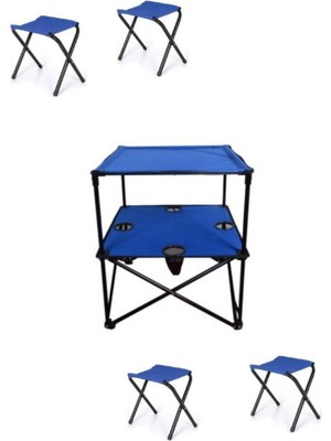 Teknotrust Katlanabilir Masa ve 4 Kamp Taburesi Seti, Mavi Renkli, Pratik ve Şık Tasarım