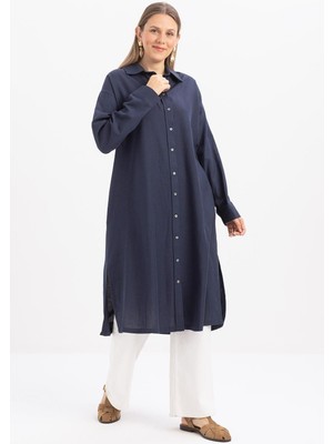 Indigo-Yırtmaçlı Patlı Uzun Gömlek