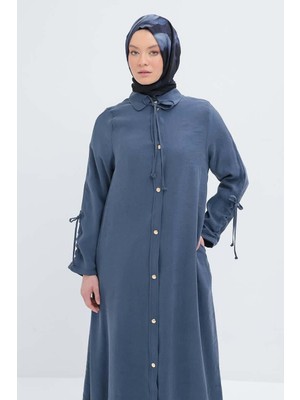 Indigo-Kolu Büzmeli Çıtçıtlı Modal Ferace