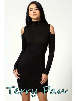 B101177 Omuzu Açık Uzun Kollu Elbise