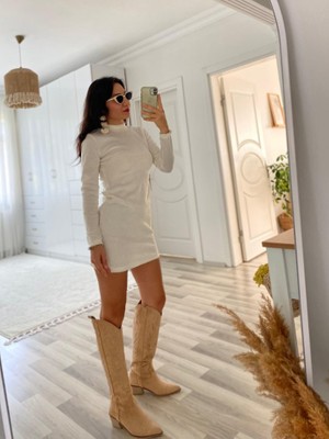 Tex Nova Kadın Uzun Kollu Peluş Mini Boy Elbise