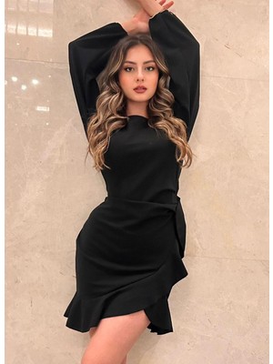 Tex Nova Kadın Uzun Kollu Bisiklet Yaka Önden Volanlı Ithal Krep Elbise