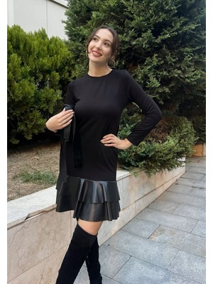 Tex Nova Kadın Uzun Kollu Bisiklet Yaka Üst Viskon Etek Ucu Deri Kısa Elbise