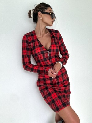 Tex Nova Kadın Uzun Kollu Fermuarlı Ekose Baskılı Dalgıç Elbise