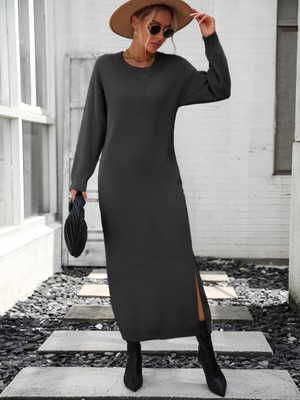 Tex Nova Kadın Uzun Kollu Bisiklet Yaka Yırtmaç Detay Triko Midi Boy Elbise