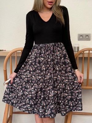 Tex Nova Kadın Uzun Kollu V Yakalı Üst Viskon Alt Çiçek Desenli Süprem Kısa Elbise