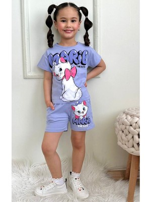 Pjkskt Marie Tatlı Kedicik Desenli Lila Şortlu Kız Çocuk Kısa Kol Takım 7623-L