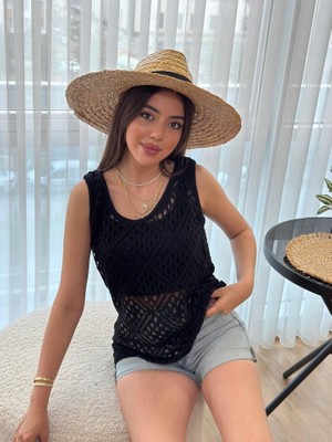 Tex Nova Kadın Askılı Yuvarlak Yaka Geometrik Desenli Triko Bluz