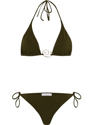 Aksesuarlı Haki Uzun Üçgen Bikini Takım