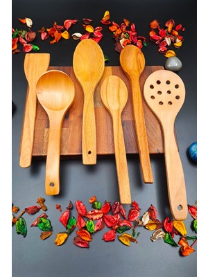 Swencraft Doğal Ahşap Mutfak Servis Kepçe Kevgir Kaşık Spatula 6 'lı Set El Işçiliği Annelere Özel