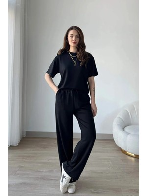  Kadın Modal Oys Kumaş Kısakol Eşofman Alt Üst Takım Bordo Siyah