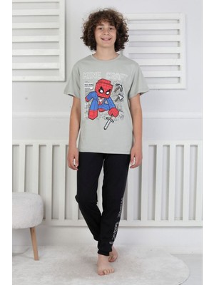 Isob Gri Minec Desenli %100 Pamuk Kısa Kollu Erkek Çocuk Pijama Takımı 8-13 Yaş 41514-G