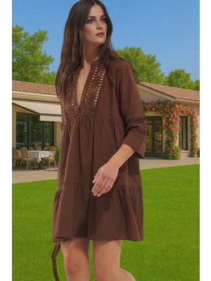 Kadın %100 Pamuk Dantelli Mini Plaj Elbisesi Rahat Yazlık Özel Tasarım Şık Görünüm Uzun Ömürlü