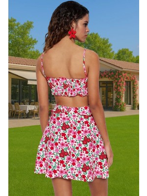 Çiçekli Desenli Mini Viskoz Elbise Cut Out Detaylı Skater Plaj Mükemmel Uyum Özenle Seçilmiş