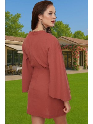 Kadın V Yaka Bağlamalı Pamuklu Mini Elbise Plaj Şıklığı Premium Kalite Kaliteli Işçilik