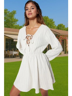 Yazlık Mini Keten Karışımlı Bağlamalı Plaj Elbisesi Rahat Kesim Premium Kalite Mükemmel Uyum