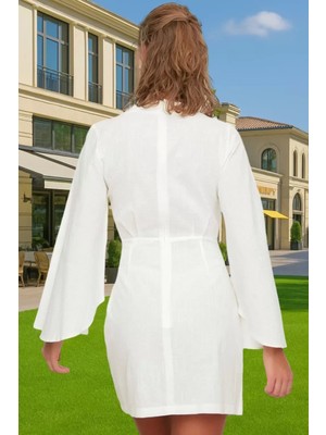 Kadın V Yaka Bağlamalı Pamuklu Mini Elbise Plaj Şıklığı Premium Kalite Kaliteli Işçilik