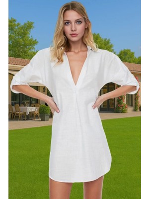 Kadın Yazlık Pamuklu Mini Elbise V Yaka Truvakar Kol Şık Plaj Modası Dayanıklı Malzeme
