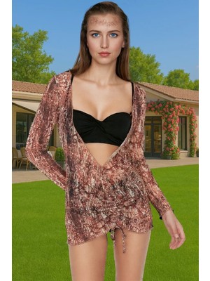 Vücuda Oturan Uzun Kollu Şifon Mini Elbise Soyut Desenli Yazlık Zarifane Tasarım Trend Tasarım