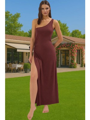 Şık Tek Omuz Maxi Elbise Yırtmaçlı Polyester Yazlık Trend Tasarım Profesyonel Görünüm Trend Tasarım