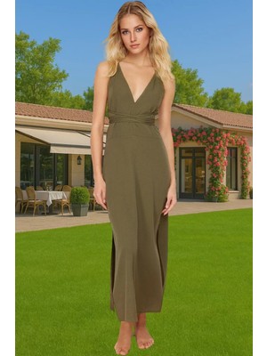 Şık Kadın Yazlık Midi Elbise Crinkle Dokuma V Yaka Tasarım Şık Görünüm Rahat ve Şık Özenle Seçilmiş