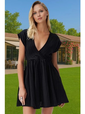 Keten Karışımlı V Yaka Mini Elbise Cut Out Detaylı Yazlık Elbise Profesyonel Görünüm Trend Tasarım